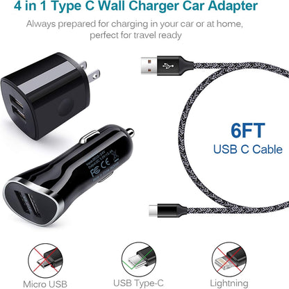 USB Type C Charger Cable for Samsung Galaxy A17 A16 A35 A26 A36 A56 A15 A25 A55 S25 Ultra A14 A54 A13 A23 A53 A32 S23 S22 S21 S20 S10E S10,Android Phone Car Charger Wall Adapter+Fast Charging Cord 6FT